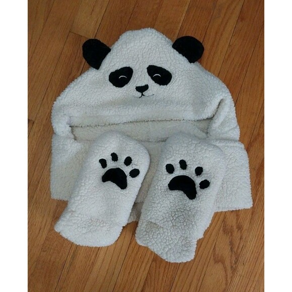 Panda Hat with Attached Mittens Gloves Set Fleece Unisex One Size - Picture 1 of 3